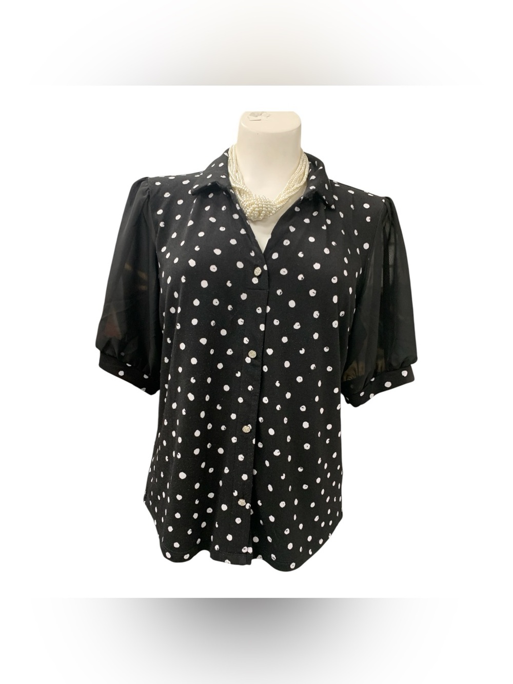 Adrienne Vittadini Black Polka Dot Button-Down Top Size M